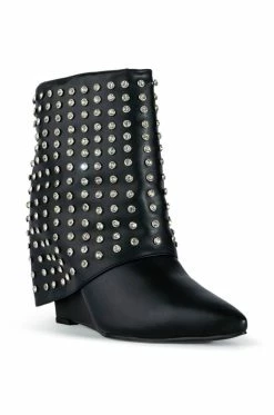 AZALEA WANG MARINA RHINESTONE STUDDED FOLD OVER WEDGE BOOTIE IN BLACK -AZALEA WANG SHOP azalea wang marina rhinestone studded fold over wedge bootie in black black 3 3