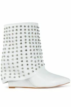 AZALEA WANG MARINA RHINESTONE STUDDED FOLD OVER WEDGE BOOTIE IN WHITE -AZALEA WANG SHOP azalea wang marina rhinestone studded fold over wedge bootie in white white 2 2