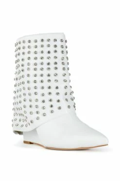 AZALEA WANG MARINA RHINESTONE STUDDED FOLD OVER WEDGE BOOTIE IN WHITE -AZALEA WANG SHOP azalea wang marina rhinestone studded fold over wedge bootie in white white 3 3