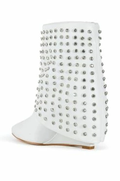 AZALEA WANG MARINA RHINESTONE STUDDED FOLD OVER WEDGE BOOTIE IN WHITE -AZALEA WANG SHOP azalea wang marina rhinestone studded fold over wedge bootie in white white 4 4