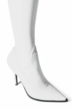 AZALEA WANG MILEY THIGH HIGH STILETTO BOOT WITH 4 WAY STRETCH IN WHITE -AZALEA WANG SHOP azalea wang miley thigh high stiletto boot with 4 way stretch in white white 5 5 c1