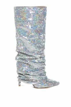 AZALEA WANG NEBULA SEQUIN EMBELLISHED BOOT IN SILVER -AZALEA WANG SHOP azalea wang nebula sequin embellished boot in silver silver 2 2