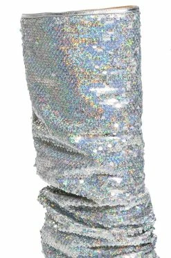 AZALEA WANG NEBULA SEQUIN EMBELLISHED BOOT IN SILVER -AZALEA WANG SHOP azalea wang nebula sequin embellished boot in silver silver 5 5