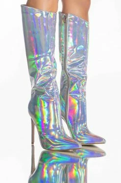 AZALEA WANG DONT WANNA FALL IN LOVE HOLOGRAPHIC STILETTO BOOT IN SILVER
