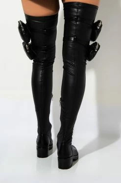 AZALEA WANG ONE STEP AHEAD OF YOU THIGH HIGH FLAT BOOT WITH 4 WAY STRETCH -AZALEA WANG SHOP azalea wang one step ahead of you thigh high flat boot BLACK PU 5 5