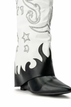 AZALEA WANG OUTLAND WESTERN WEDGE BOOT IN BLACK WHITE -AZALEA WANG SHOP azalea wang outland western wedge boot in black white black white 5 5