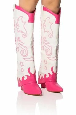 AZALEA WANG OUTLAND WESTERN WEDGE BOOT IN FUCHSIA WHITE -AZALEA WANG SHOP azalea wang outland western wedge boot in fuchsia white fuchsia 1 1