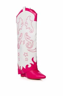 AZALEA WANG OUTLAND WESTERN WEDGE BOOT IN FUCHSIA WHITE -AZALEA WANG SHOP azalea wang outland western wedge boot in fuchsia white fuchsia 3 3