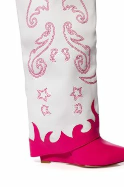 AZALEA WANG OUTLAND WESTERN WEDGE BOOT IN FUCHSIA WHITE -AZALEA WANG SHOP azalea wang outland western wedge boot in fuchsia white fuchsia 5 5