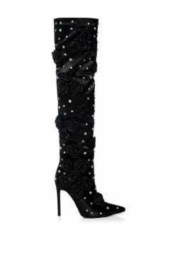 AZALEA WANG PATTI EMBELLISHED SATIN BOOT IN BLACK -AZALEA WANG SHOP azalea wang patti embellished satin boot in black black 2 2