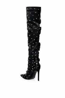 AZALEA WANG PATTI EMBELLISHED SATIN BOOT IN BLACK -AZALEA WANG SHOP azalea wang patti embellished satin boot in black black 4 4