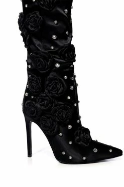 AZALEA WANG PATTI EMBELLISHED SATIN BOOT IN BLACK -AZALEA WANG SHOP azalea wang patti embellished satin boot in black black 5 5