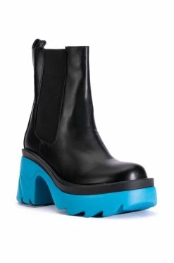 AZALEA WANG PRIMROSE BLUE SOLE CHUNKY BOOTS IN BLACK -AZALEA WANG SHOP azalea wang primrose blue sole chunky boots in black blue 3 3