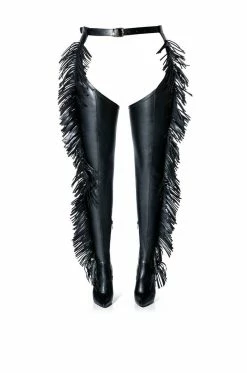 AZALEA WANG RIDE AT DAWN BELTED THIGH HIGH STILETTO FRINGE CHAP BOOT WITH 4 WAY STRETCH -AZALEA WANG SHOP azalea wang ride at dawn belted thigh high stiletto fringe chap boot black 3 3