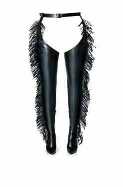 AZALEA WANG RIDE AT DAWN BELTED THIGH HIGH STILETTO FRINGE CHAP BOOT WITH 4 WAY STRETCH -AZALEA WANG SHOP azalea wang ride at dawn belted thigh high stiletto fringe chap boot black 3 3 c1
