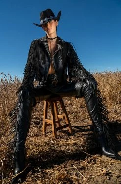 AZALEA WANG RIDE AT DAWN BELTED THIGH HIGH STILETTO FRINGE CHAP BOOT WITH 4 WAY STRETCH -AZALEA WANG SHOP azalea wang ride at dawn belted thigh high stiletto fringe chap boot black 3 3 c1 c1