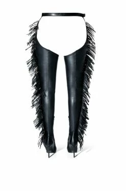 AZALEA WANG RIDE AT DAWN BELTED THIGH HIGH STILETTO FRINGE CHAP BOOT WITH 4 WAY STRETCH -AZALEA WANG SHOP azalea wang ride at dawn belted thigh high stiletto fringe chap boot black 4 4