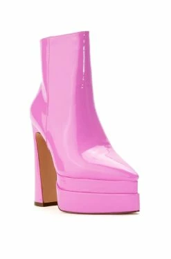 AZALEA WANG ROSETTE PATENT CHUNKY BOOTIE IN PINK -AZALEA WANG SHOP azalea wang rosette patent chunky bootie in pink pink 3 3