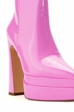 AZALEA WANG ROSETTE PATENT CHUNKY BOOTIE IN PINK -AZALEA WANG SHOP azalea wang rosette patent chunky bootie in pink pink 5 5
