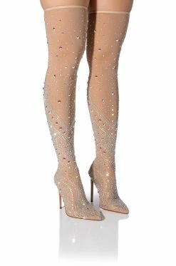 AZALEA WANG ROXY RHINESTONE THIGH HIGH STILETTO BOOT IN NUDE