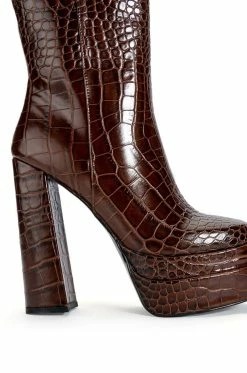AZALEA WANG RUN AWAY CHUNKY BOOTIE IN BROWN CROC -AZALEA WANG SHOP azalea wang run away chunky bootie in brown croc brown 5 5