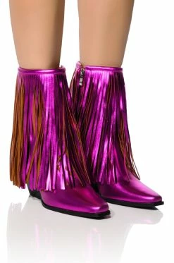 AZALEA WANG SCARLETT CHUNKY WESTERN FRINGE BOOTIE IN FUCHSIA -AZALEA WANG SHOP azalea wang scarlett metallic chunky bootie in fuchsia fuchsia 1 1