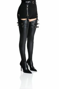 AZALEA WANG SEXY BELTED STRETCH PU STILETTO BOOT WITH 4 WAY STRETCH IN BLACK