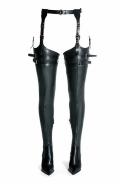AZALEA WANG SEXY BELTED STRETCH PU STILETTO BOOT WITH 4 WAY STRETCH IN BLACK -AZALEA WANG SHOP azalea wang sexy belted stretch pu stiletto boot in black black 3 3
