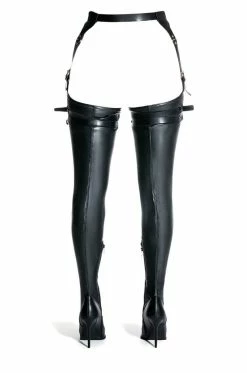 AZALEA WANG SEXY BELTED STRETCH PU STILETTO BOOT WITH 4 WAY STRETCH IN BLACK -AZALEA WANG SHOP azalea wang sexy belted stretch pu stiletto boot in black black 4 4
