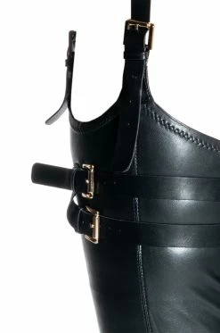 AZALEA WANG SEXY BELTED STRETCH PU STILETTO BOOT WITH 4 WAY STRETCH IN BLACK -AZALEA WANG SHOP azalea wang sexy belted stretch pu stiletto boot in black black 5 5