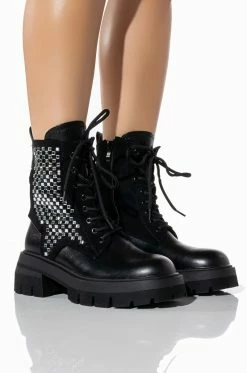 AZALEA WANG SHE'S THRIVING FLATFORM BLING COMBAT BOOT IN BLACK