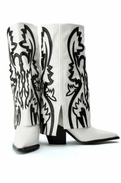 AZALEA WANG SIMPLY BELOW THE KNEE WESTERN BOOTIE IN WHITE BLACK -AZALEA WANG SHOP azalea wang simply below the knee western bootie in white black black white 5 5