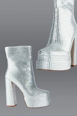AZALEA WANG STAR POWER EMBELLISHED CHUNKY PLATFORM BOOTIE IN SILVER -AZALEA WANG SHOP azalea wang star power embellished chunky platform bootie in silver silver 1 1 c1