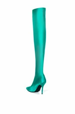AZALEA WANG STAR STRETCH THIGH HIGH STILETTO BOOT IN GREEN -AZALEA WANG SHOP azalea wang star stretch thigh high stiletto boot in green green 6 6
