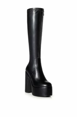AZALEA WANG SUTTON PU CHUNKY BOOT WITH 4 WAY STRETCH IN BLACK -AZALEA WANG SHOP azalea wang sutton pu chunky boot in black black 3 3