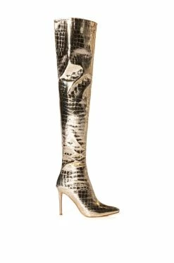 AZALEA WANG THRILLER OVER THE KNEE STILETTO BOOT IN GOLD -AZALEA WANG SHOP azalea wang thriller over the knee stiletto boot in gold gold 2 2