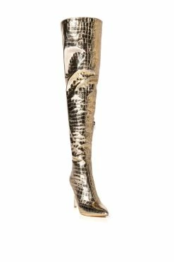 AZALEA WANG THRILLER OVER THE KNEE STILETTO BOOT IN GOLD -AZALEA WANG SHOP azalea wang thriller over the knee stiletto boot in gold gold 3 3