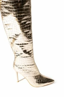 AZALEA WANG THRILLER OVER THE KNEE STILETTO BOOT IN GOLD -AZALEA WANG SHOP azalea wang thriller over the knee stiletto boot in gold gold 5 5