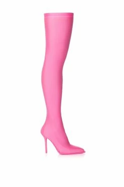 AZALEA WANG STAR STRETCH NEW LEVEL THIGH HIGH STILETTO BOOT IN PINK -AZALEA WANG SHOP azalea wang trixie disco stretch stiletto boot in pink pink 2 2
