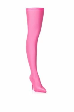 AZALEA WANG STAR STRETCH NEW LEVEL THIGH HIGH STILETTO BOOT IN PINK -AZALEA WANG SHOP azalea wang trixie disco stretch stiletto boot in pink pink 3 3