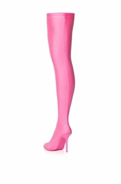AZALEA WANG STAR STRETCH NEW LEVEL THIGH HIGH STILETTO BOOT IN PINK -AZALEA WANG SHOP azalea wang trixie disco stretch stiletto boot in pink pink 4 4