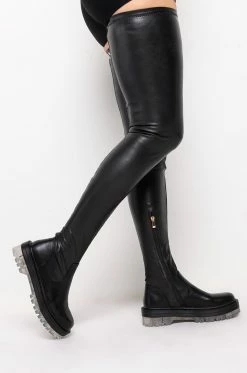 AZALEA WANG WON'T LET YOU DOWN FLATFORM BOOT WITH 4 WAY STRETCH IN CLEAR -AZALEA WANG SHOP azalea wang wont let you down flatform boot in clear clear 2 2 c1