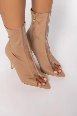 AZALEA WANG WORK FOR IT STILETTO BOOTIE IN BROWN -AZALEA WANG SHOP azalea wang work for it stiletto bootie in brown beige 5 5