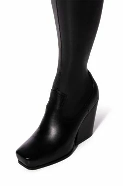 AZALEA WANG ZAHRAH THIGH HIGH CHUNKY WESTERN BOOT WITH 4 WAY STRETCH IN BLACK -AZALEA WANG SHOP azalea wang zahrah thigh high chunky western boot in black black 5 5