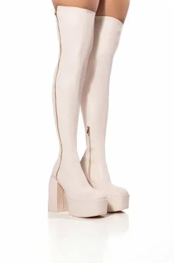 READY TO MINGLE OVER THE KNEE PU CHUNKY PLATFORM BOOT IN CREAM